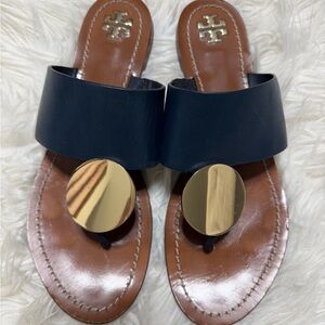Tory Burch Patos disk Leather Navy and with Gold Medallion Sandal Sz 9